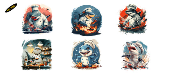 Chef Shark Cooking Underwater illustration, Culinary Predator Vector Graphic, cute animal vector set
