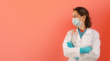 A medical professional donning protective gear stands stoically against a sterile white wall, symbolizing the brave and crucial role of healthcare workers in times of crisis