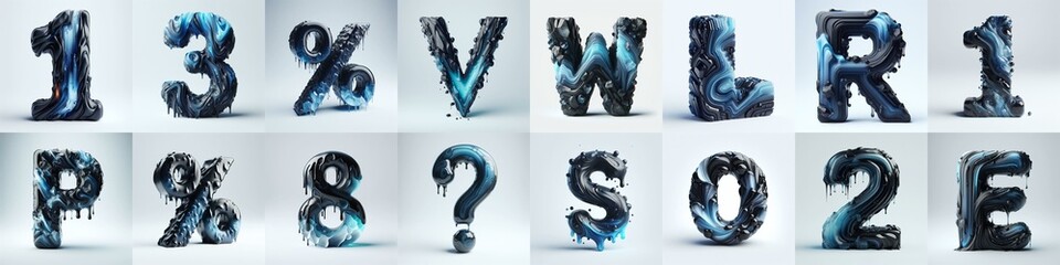 Obsidian and Blue glass 3D Lettering Typeface. AI generated illustration
