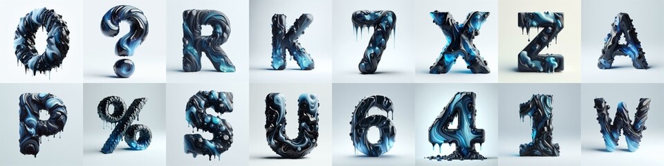 Obsidian and Blue glass 3D Lettering Typeface. AI generated illustration