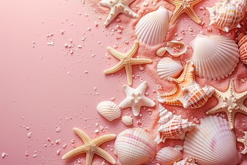 collection of sea shells and starfish on a pastel pink background top view with copy space, summer flat lay frame design