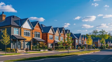 Stunning image of a row of detached new build homes in a thriving housing development. - obrazy, fototapety, plakaty