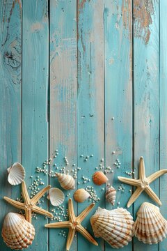 collection of various seashells and starfish on a light blue wooden background top view with copy space, vertical summer flat lay frame design
