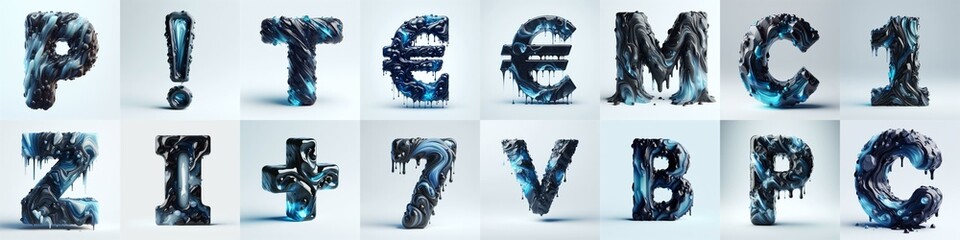 Obsidian and Blue glass 3D Lettering Typeface. AI generated illustration
