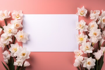 mockup white blank paper sheet with daffodil flowers top view on pink background, floral template empty card flat lay for design with copy space
