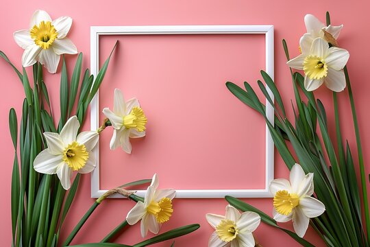mockup white empty picture frame with daffodil flowers top view on pink background, floral template empty card flat lay for design with copy space
