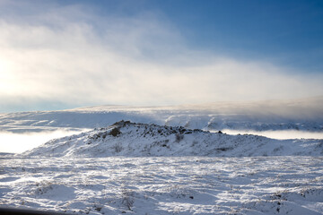 Fototapeta premium White snowy country, Fossholl - Godafoss, Iceland