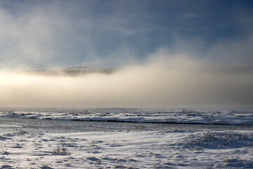 Fototapeta na wymiar White snowy country, Fossholl - Godafoss, Iceland