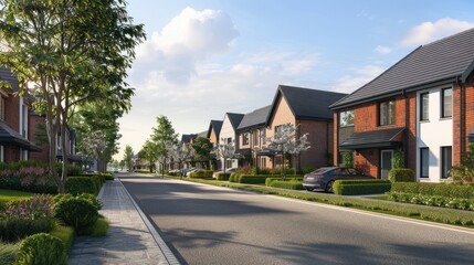Fototapeta na wymiar Stunning image of a row of detached new build homes in a thriving housing development.