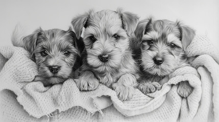 Pencil drawing cute schnauzer puppies - obrazy, fototapety, plakaty