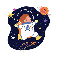 Fototapeta premium Cute child boy in astronaut costume flying at space flat style