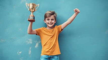 Erfolg feiern – Ein Junge hält einen Pokal hoch und freut sich über einen Sieg. Er trägt ein orangefarbenes T-Shirt und Jeans und steht vor einer hellblauen Wand - obrazy, fototapety, plakaty