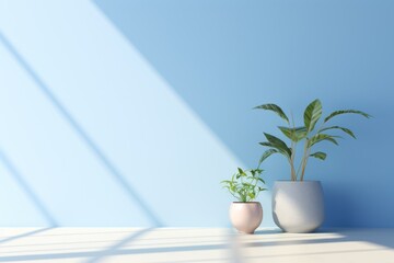 room with blue wall, floor and plants, in the style of backlight