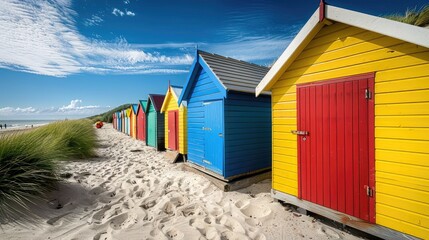 Stunning image of colorful wooden beach huts on the sandy beach, evoking coastal charm and seaside beauty.