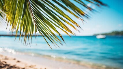Fototapeta na wymiar Close up photo of palm leaves with beach background summer vacation ambiance. With Generative AI