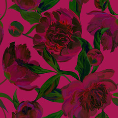 Seamless spring pattern drawn in gouache with pink peonies for trxtile