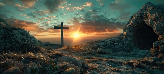 Serene image of an empty grave with a crucifix at dawn, symbolizing the Resurrection of Jesus - obrazy, fototapety, plakaty