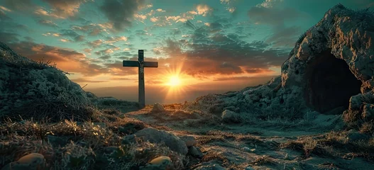 Poster Serene image of an empty grave with a crucifix at dawn, symbolizing the Resurrection of Jesus © pvl0707