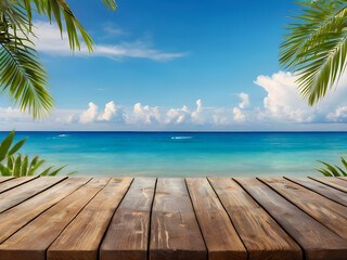 Summer tropical sea with waves, palm leaves and blue sky with clouds. Perfect vacation landscape with empty wooden table. Copy space.