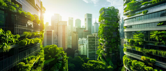 Sustainable cityscape with eco-friendly skyscrapers, integrating green spaces and clean energy solutions. - obrazy, fototapety, plakaty