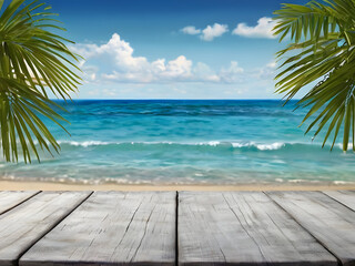 Summer tropical sea with waves, palm leaves and blue sky with clouds. Perfect vacation landscape with empty wooden table. Copy space.
