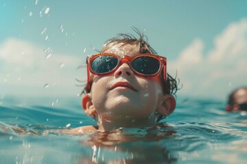 A child in sunglasses swims in the sea.