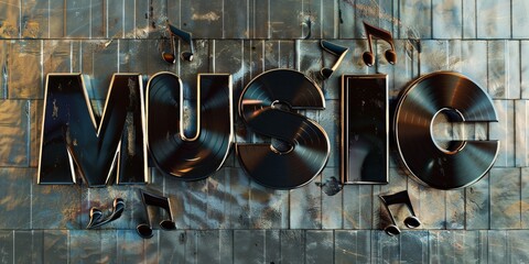Electronic music festival poster with abstract lines. Design template for flyer, presentation, brochure."MUSIC" text shaped with vinyl records and audio waves and metallic textures.