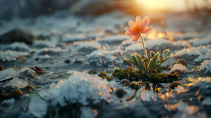 First spring pink flower in melted snow and ice