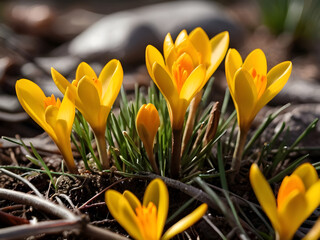 Yellow crocuses in the early spring. 