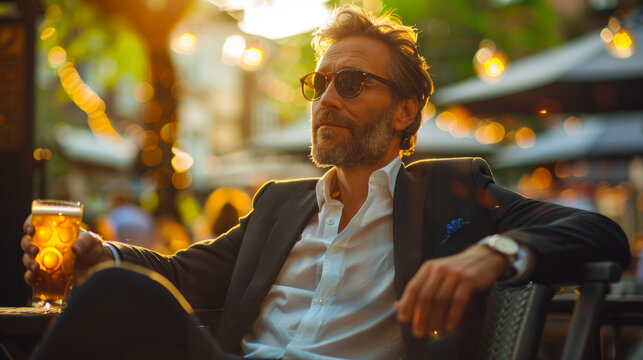 A stylish man in a sharp suit and sleek sunglasses exudes confidence as he leisurely sits on a busy street, his human face masked by the dark shades