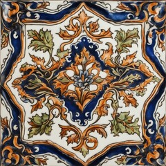 thai pattern _A close-up of a Turkish decorative tile plate with a ceramic texture and a hand made design 