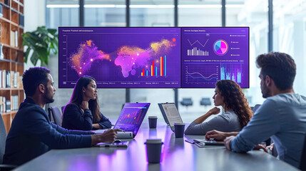 A diverse group of employees huddles around a laptop screen in their office building, analyzing clothing designs and text on the display device with a mix of concentration and excitement, as they use