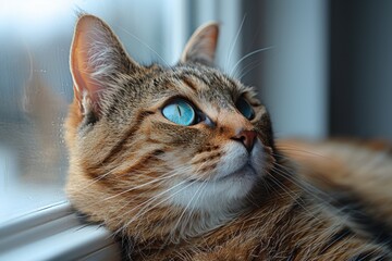 A thoughtful domestic cat gazes out the window with striking amber eyes, its whiskers catching the light, illustrating the quiet contemplation of a serene indoor life.
