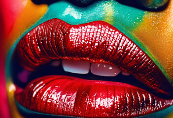 Close-up of woman's sensual lips painted with red lipstick on colorful colored face