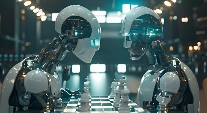 Two humanoid robots facing each other over a chessboard in a dimly lit room