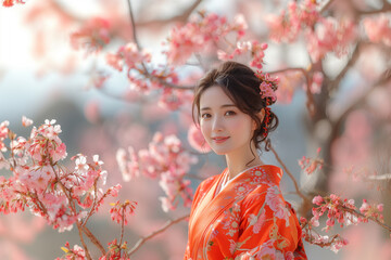 満開の桜と着物姿の女性
