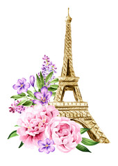 Fototapeta na wymiar Eiffel Tower, Bicycle and bouquet of flowers. From Paris with love card concept. Hand drawn watercolor illustration, isolated on white background