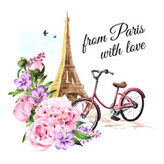 Fototapeta na wymiar Eiffel Tower, Bicycle and bouquet of flowers. From Paris with love card concept. Hand drawn watercolor illustration, isolated on white background