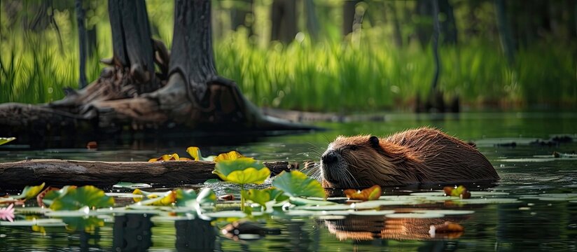 A beaver effortlessly swims in a pond adorned with lily pads, near a dead tree, showcasing its natural environment.