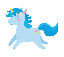 Magic blue unicorn runs and smiles. Cute hand drawn horse. Cartoon character for invitation, poster, sticker, print and greeting card. Vector illustration isolated on white background.