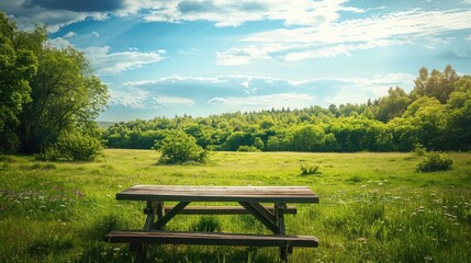 Fototapeta premium table for a picnic on a green meadow, offering an idyllic setting for outdoor dining and family bonding.