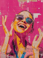A modern masterpiece, a woman with sunglasses on her face stands proudly in front of a vibrant mural, showcasing the intersection of street art and illustration in this striking painting