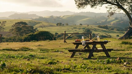 table for a picnic on a green meadow, offering an idyllic setting for outdoor dining and family bonding.