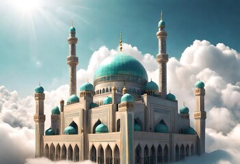 mosque shape above clouds eid mubarak background. AI generated