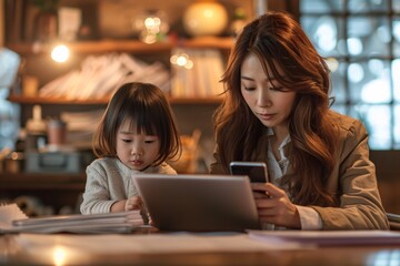A curious young girl sits beside a woman, their faces illuminated by the glow of a laptop screen as they explore the digital world together - Powered by Adobe