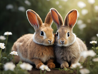 Two rabbits embracing each other in a very warm and affectionate manner. Rabbits among flowers.