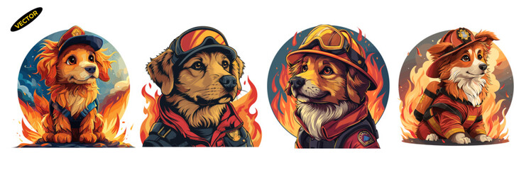Firefighter Dog Bravely Fighting Flames, Heroic Pet Vector Design, cute animal vector set - obrazy, fototapety, plakaty