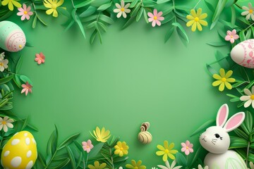 Happy Easter Eggs sports. Bunny hopping in flower Easter egg tree decoration. Adorable hare 3d illustration techniques rabbit illustration. Holy week turquoise glimmer card Native bloom