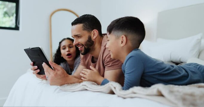 Tablet, children and happy father in bed, talking and family bonding together to relax at home. Digital technology, kids and dad in bedroom for conversation, learning or watch cartoon on internet app
