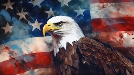 Abstract painting concept. Colorful art of the bald eagle with American flag.